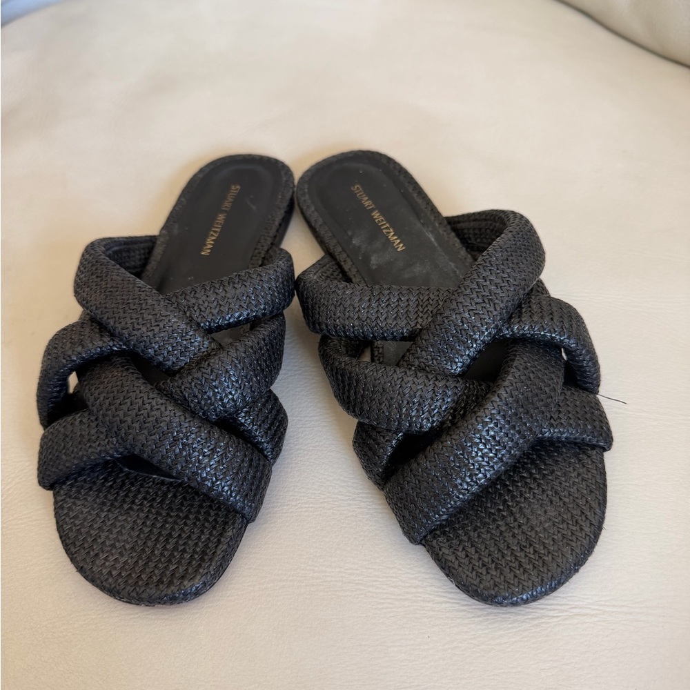Crossover Raffia Slide Sandals – Black Herringbone Raffia